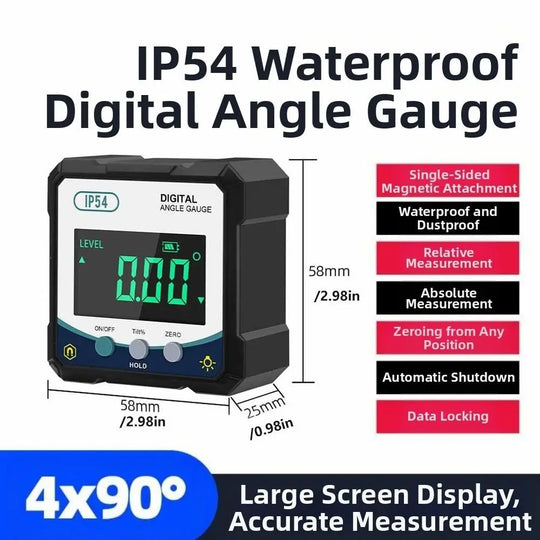 Magnetic Digital Angle Gauge Inclinometer, 4x90° with Backlit LCD
