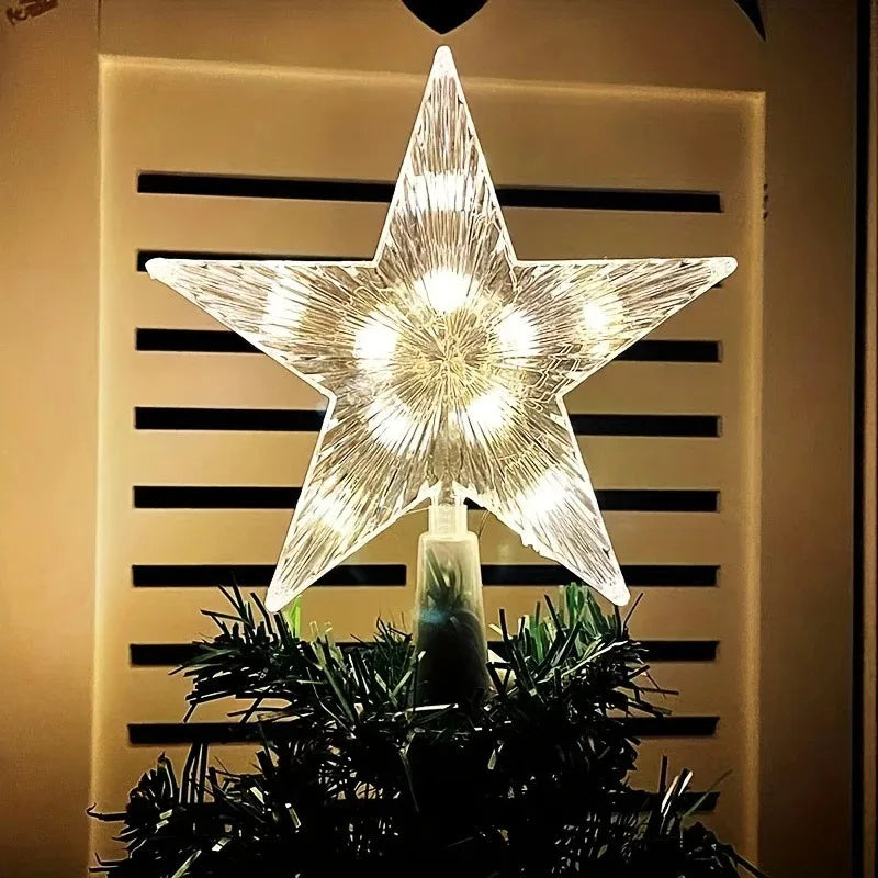 Lighted Star Christmas Tree Topper, 5.9 in Clear Star with Warm White LEDs, Battery Operated