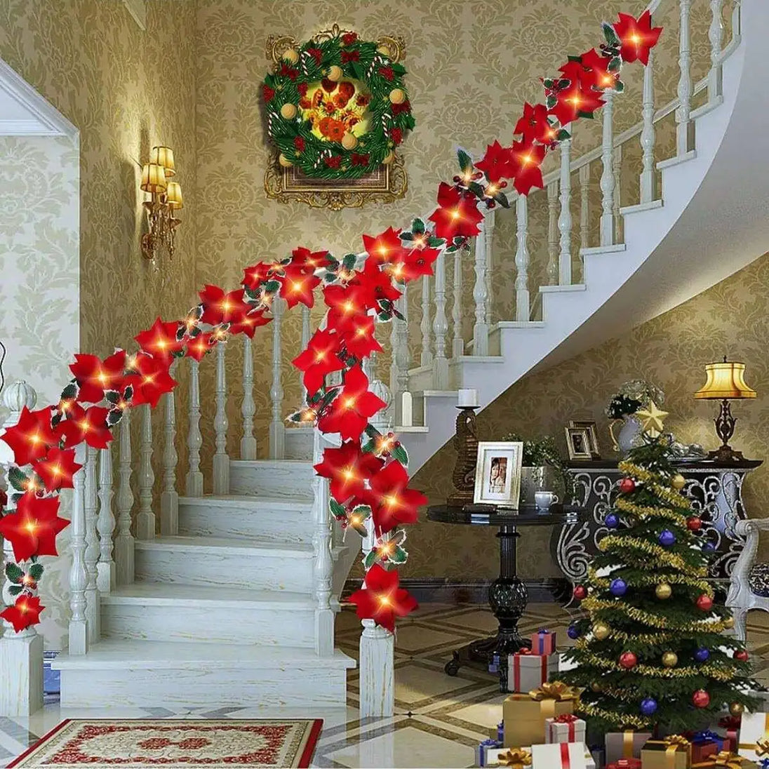 Lighted Poinsettia Christmas Garland, 9.8 ft String Lights with 20 Warm White LEDs, Battery Operated