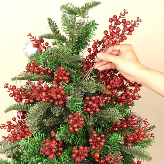 Red Glitter Berry Stems for Christmas Tree, Wreath and Garland, Pack of 10 Picks