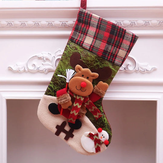 Christmas Stocking, 18 in Large Plaid Cuff Stocking with 3D Plush Reindeer, Fireplace and Mantel Decoration