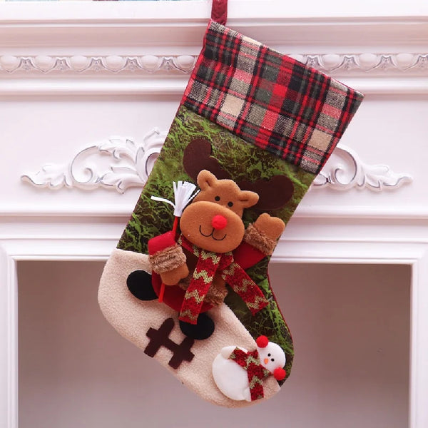 Christmas Stocking, 18 in Large Plaid Cuff Stocking with 3D Plush Reindeer, Fireplace and Mantel Decoration
