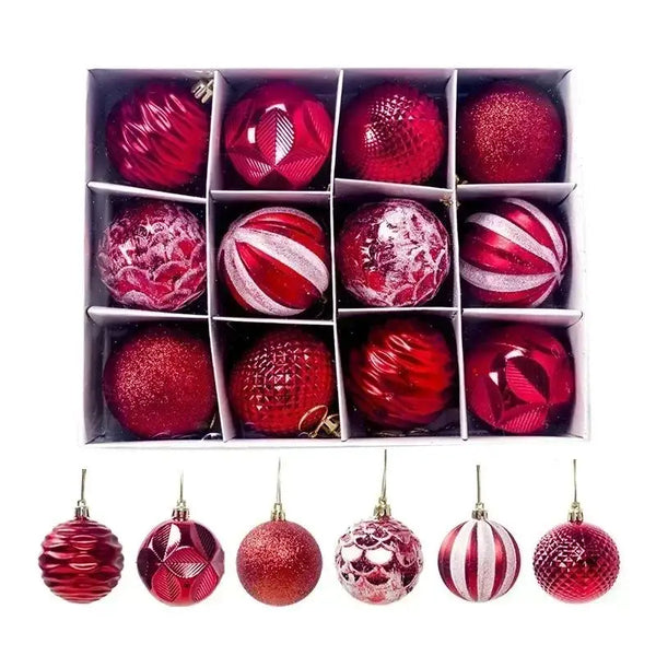 Red and White Christmas Ball Ornaments, Boxed Set of 12 Assorted 2.36 in Shatterproof Tree Balls