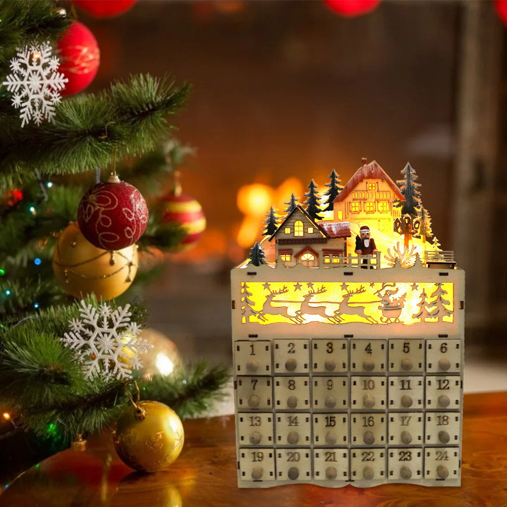 Wooden Christmas Advent Calendar with 24 Drawers and LED Lighted Village Scene