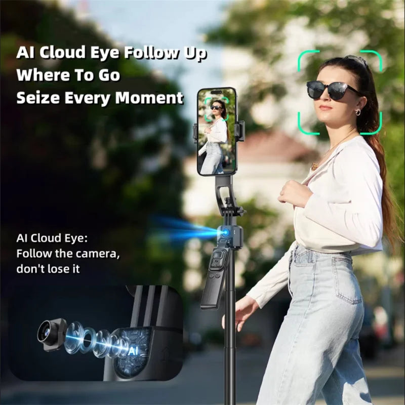 AI Face-Tracking Phone Stabilizer and Tripod, 360° Auto Rotation, 1.63 m