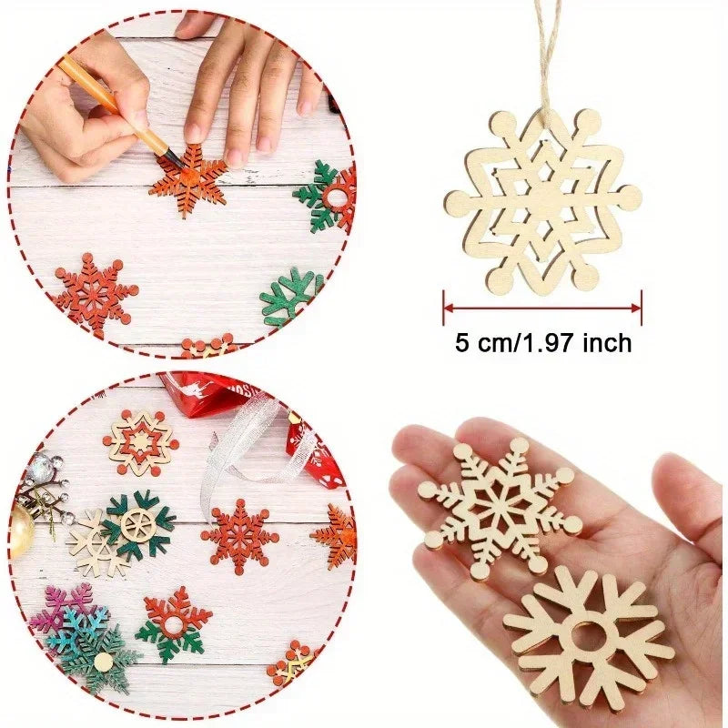 Wooden Snowflake Christmas Ornaments, 100 Pieces, 2 in Unfinished Cutouts with Hanging Cords