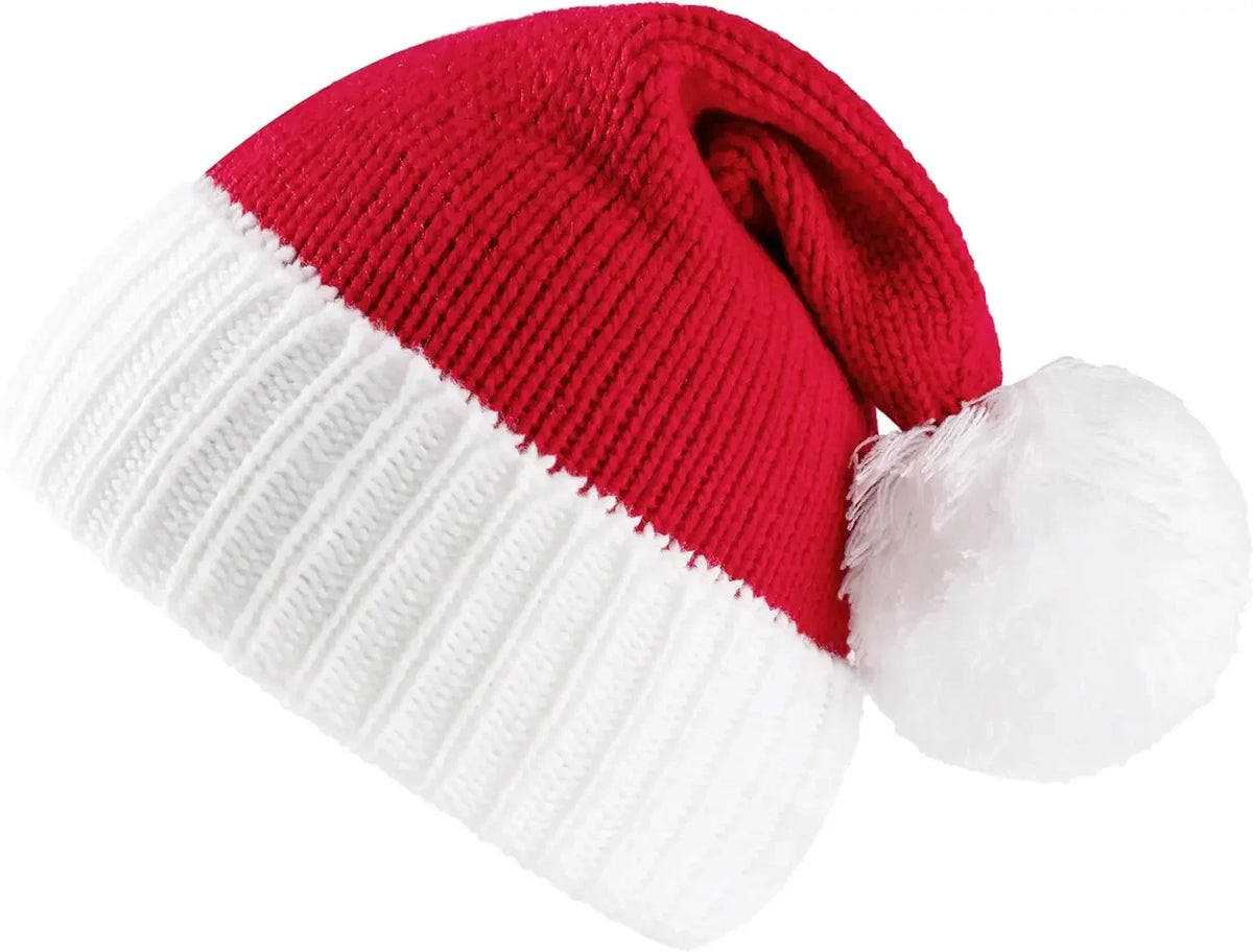 Red Knit Christmas Santa Beanie Hat with White Pom Pom