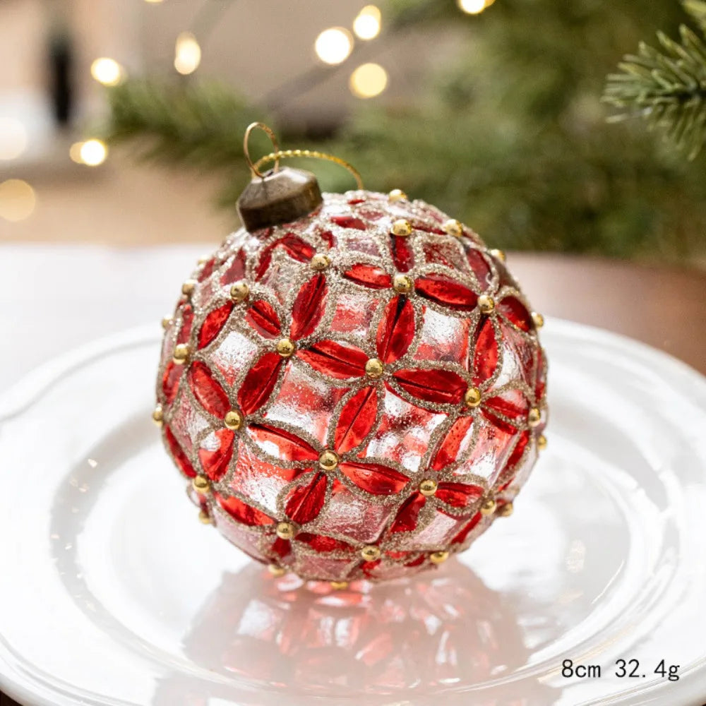 Jeweled Red & Green Glass Ball Christmas Ornament, 8cm (3.1")