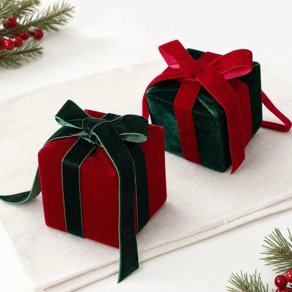 Velvet Christmas Gift Box Ornament with Bow