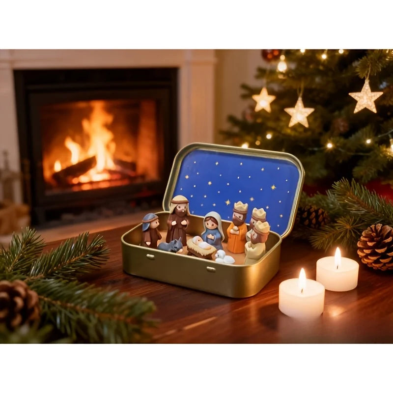 Pocket Mini Nativity Set in Tin Box, 10-Piece Miniature Christmas Manger Scene with Starry Lid