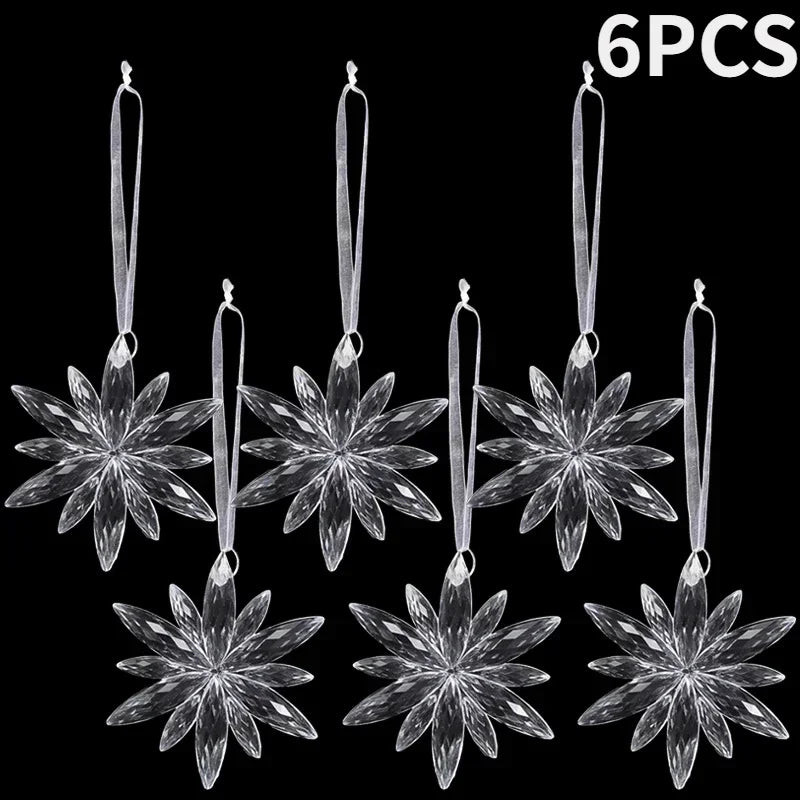 Clear Acrylic Snowflake Christmas Tree Ornaments, Set of 6 Crystal-Look Hanging Snowflakes