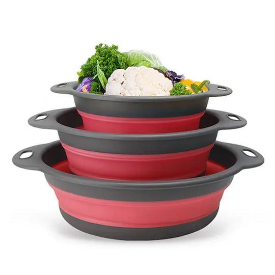 Collapsible Kitchen Strainer Set, 3 Nesting Colanders with Draining Base