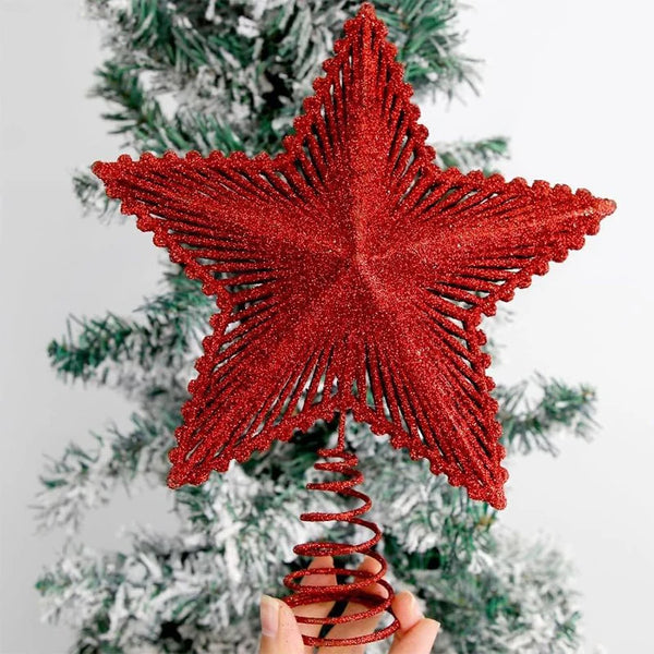 Red Glitter Star Christmas Tree Topper, 10 in with Coil Base