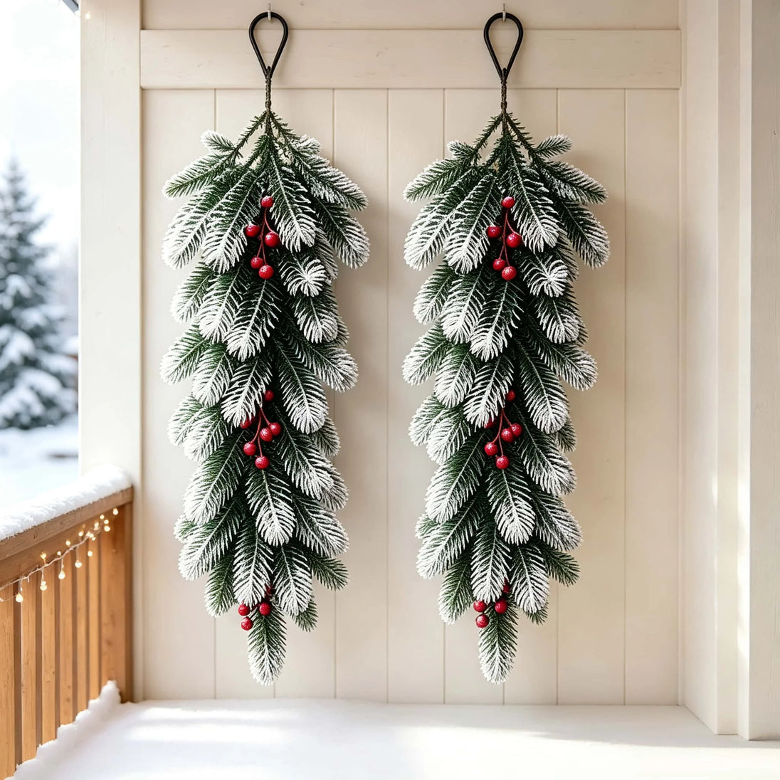 Flocked Pine Teardrop Swag with Red Berries, Christmas Wall & Door Hanger