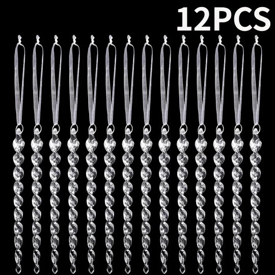 Clear Acrylic Icicle Christmas Tree Ornaments, Set of 12 Twisted 5.3 in Hanging Icicles