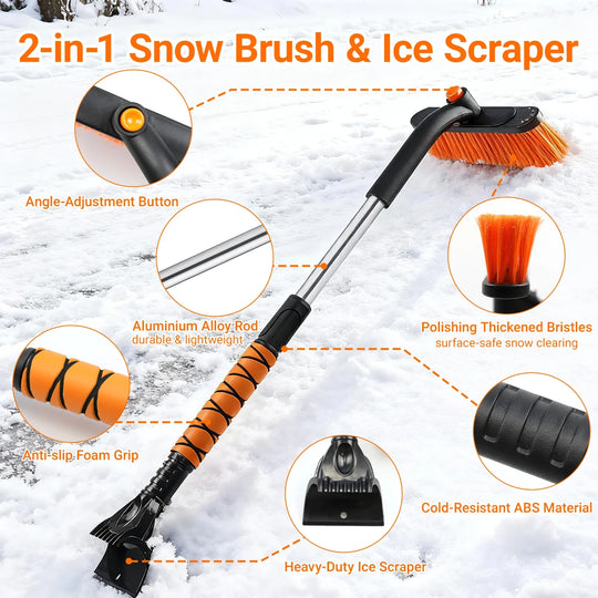 Extendable Car Snow Brush and Ice Scraper with Rotating Head and Foam Grip