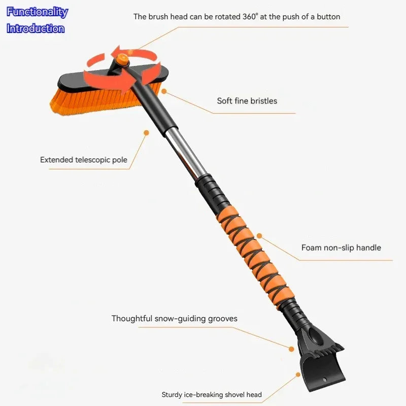 Extendable Car Snow Brush and Ice Scraper with Rotating Head and Foam Grip