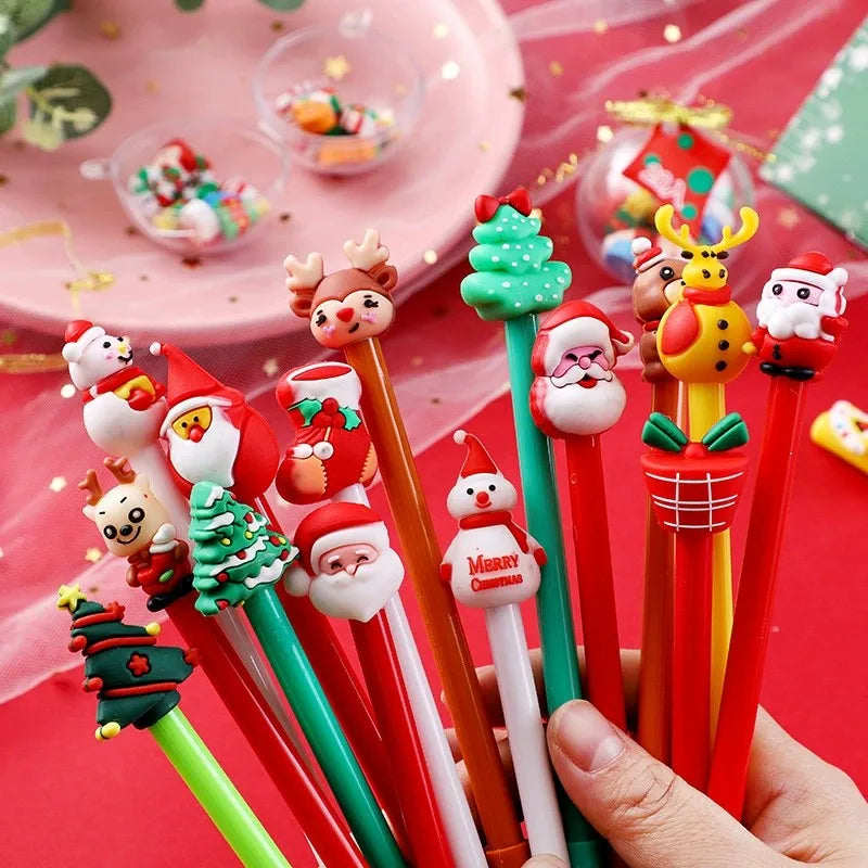 Christmas Cartoon Gel Pens, Set of 5 - Santa, Snowman & Reindeer Toppers, Kids Holiday Party Favors