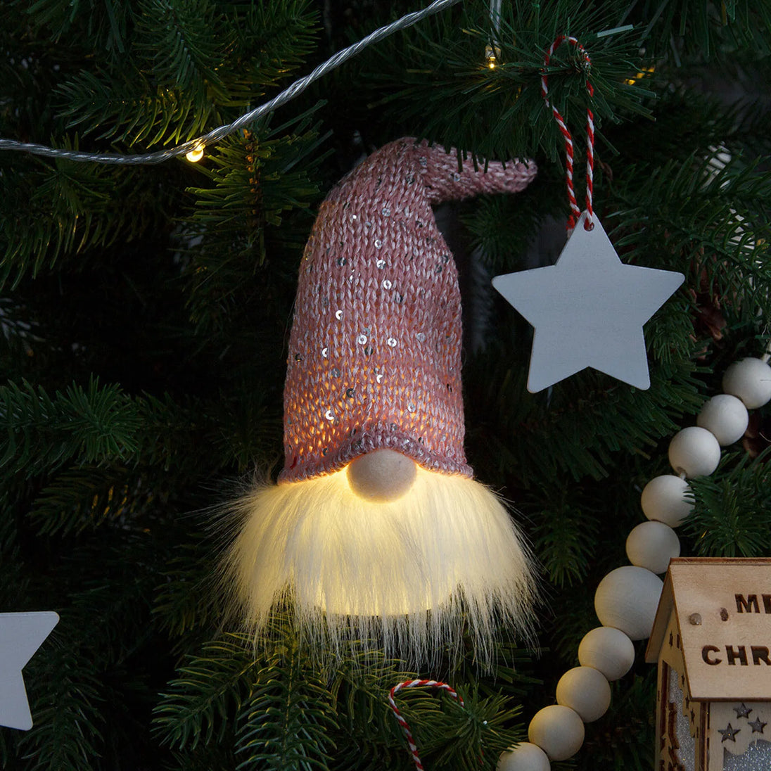 Light-Up Christmas Gnome, 7.9 in Plush LED Gnome with Pink Sequin Knit Hat, Tabletop and Tree Decoration