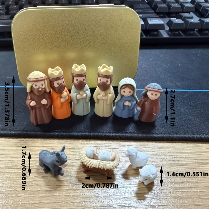 Pocket Mini Nativity Set in Tin Box, 10-Piece Miniature Christmas Manger Scene with Starry Lid