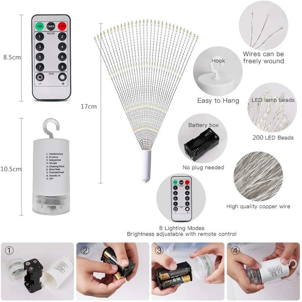 Christmas Firework Starburst Light, 200 LED Hanging Fairy Light with Remote, Battery Powered