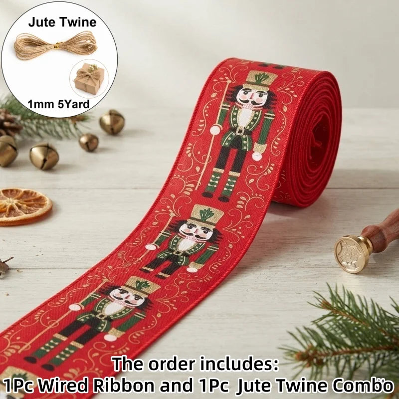 Nutcracker Print Wired Edge Christmas Ribbon, Red & Gold, 5 Meters