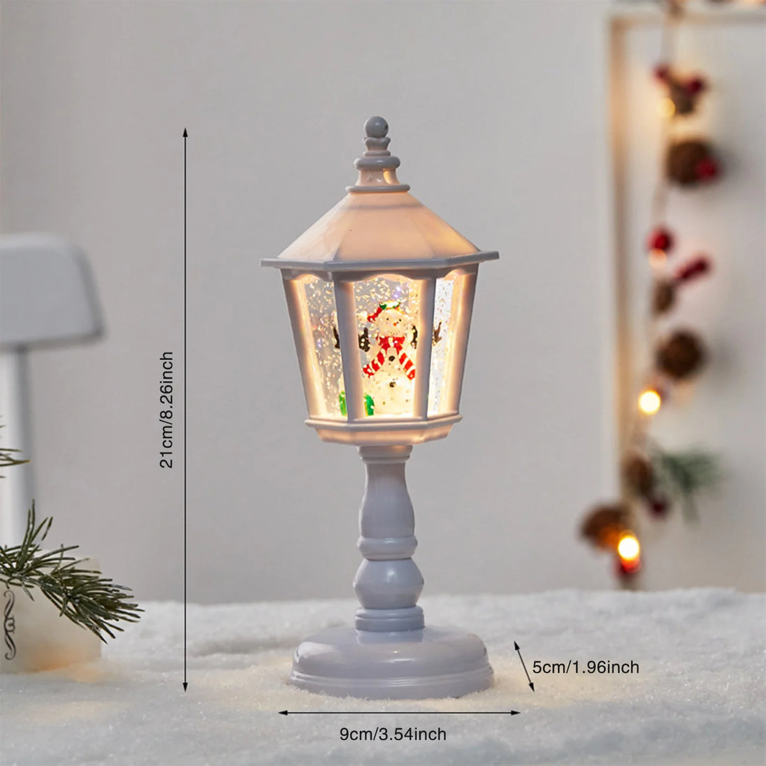 Lighted Musical Snow Globe Lantern, LED Light-Up Holiday Lamp with Swirling Snow, 8in Tabletop Decor
