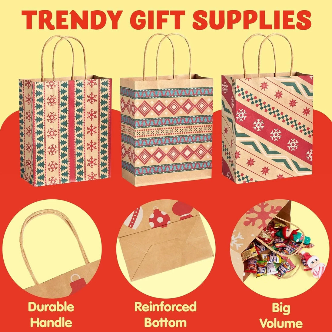 Christmas Kraft Paper Gift Bags with Handles, Assorted Prints, 24 Pack
