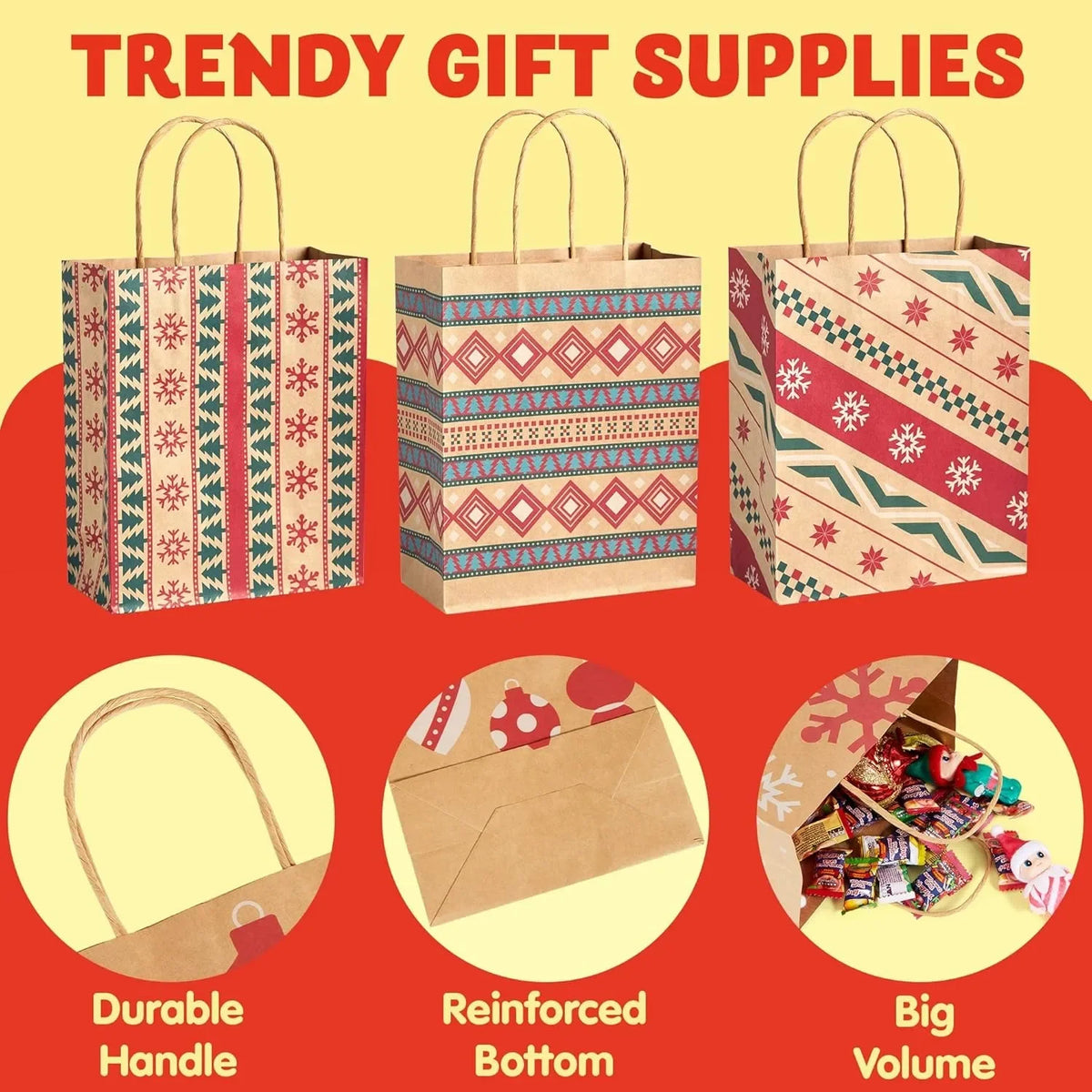 Christmas Kraft Paper Gift Bags with Handles, Assorted Prints, 24 Pack