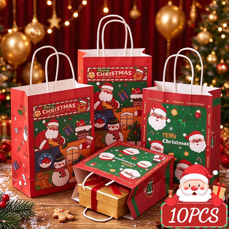 Christmas Kraft Paper Gift Bags with Handles, Santa & Snowman Print, 10 Pack