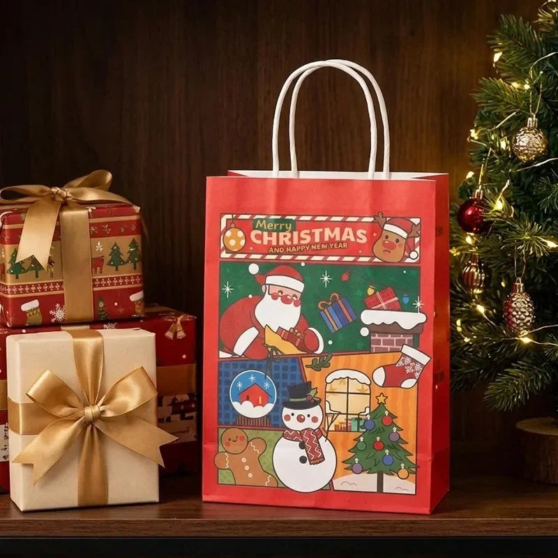 Christmas Kraft Paper Gift Bags with Handles, Santa & Snowman Print, 10 Pack