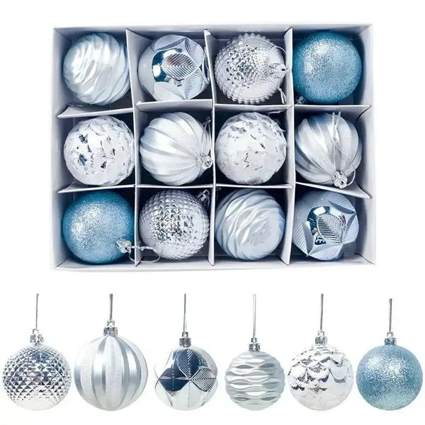 Light Blue and Silver Christmas Ball Ornaments, Boxed Set of 12 Assorted 2.36 in Shatterproof Tree Balls