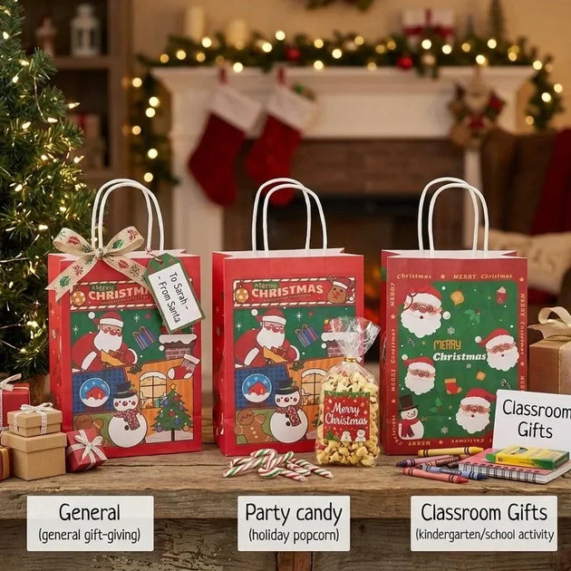 Christmas Kraft Paper Gift Bags with Handles, Santa & Snowman Print, 10 Pack