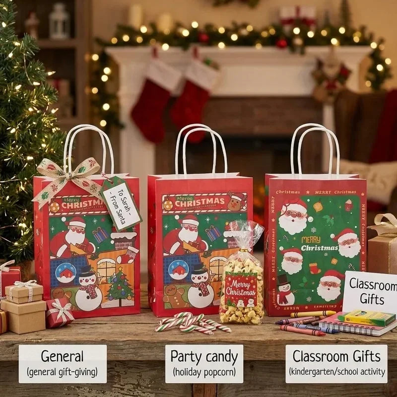 Christmas Kraft Paper Gift Bags with Handles, Santa & Snowman Print, 10 Pack