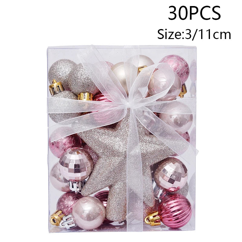 Blush Pink and Champagne Mini Christmas Ornament Set, 30 Pieces with Glitter Star Tree Topper for Small Trees