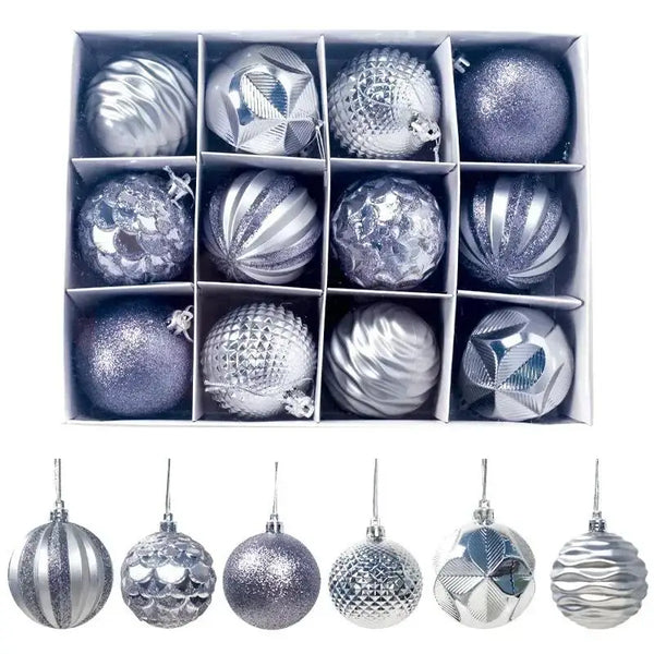 Silver Christmas Ball Ornaments, Boxed Set of 12 Assorted 2.36 in Shatterproof Tree Balls