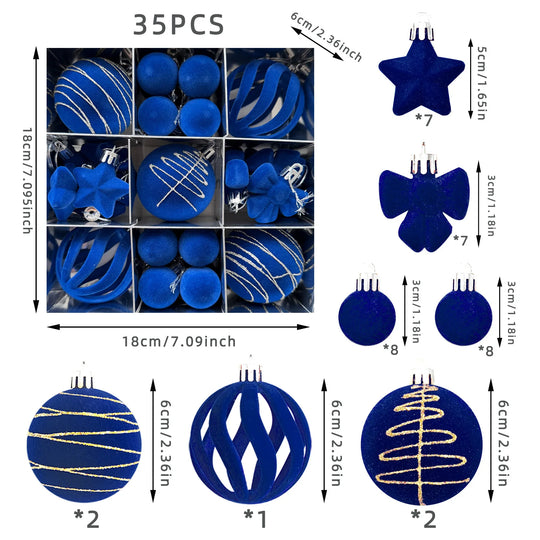 Navy Blue Velvet Christmas Ornament Set, 35 Assorted Balls, Stars and Bows for the Tree