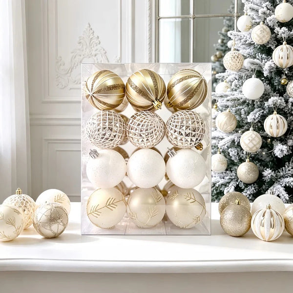 24-Piece Champagne Gold & White Christmas Ornament Set, 6cm (2.36 in)