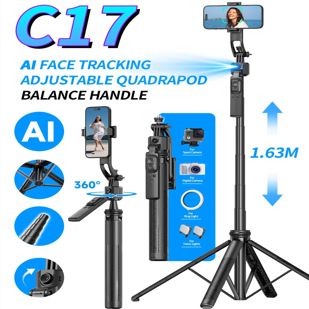 AI Face-Tracking Phone Stabilizer and Tripod, 360° Auto Rotation, 1.63 m
