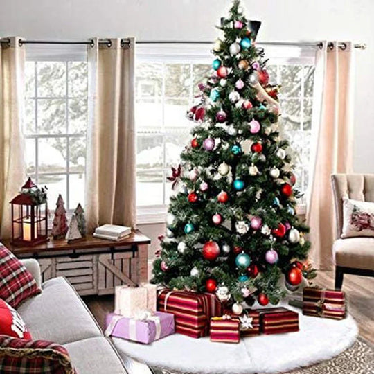 White Faux Fur Christmas Tree Skirt, 48 in Round Plush Tree Base Cover