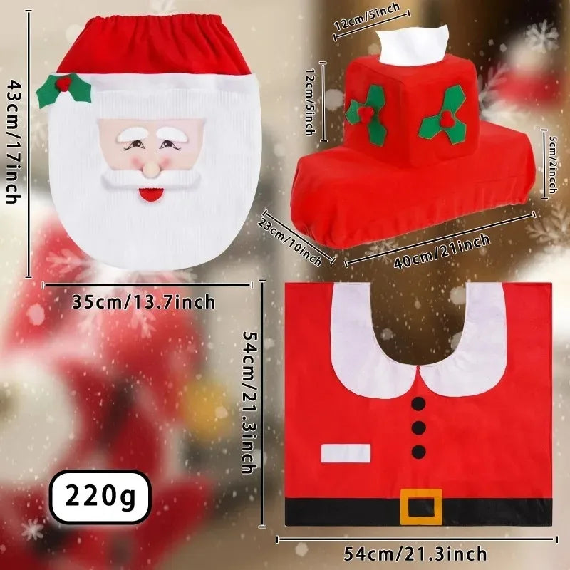 Santa Christmas Bathroom Set, 3 Pieces: Toilet Lid Cover, Contour Rug and Tank Cover with Tissue Holder