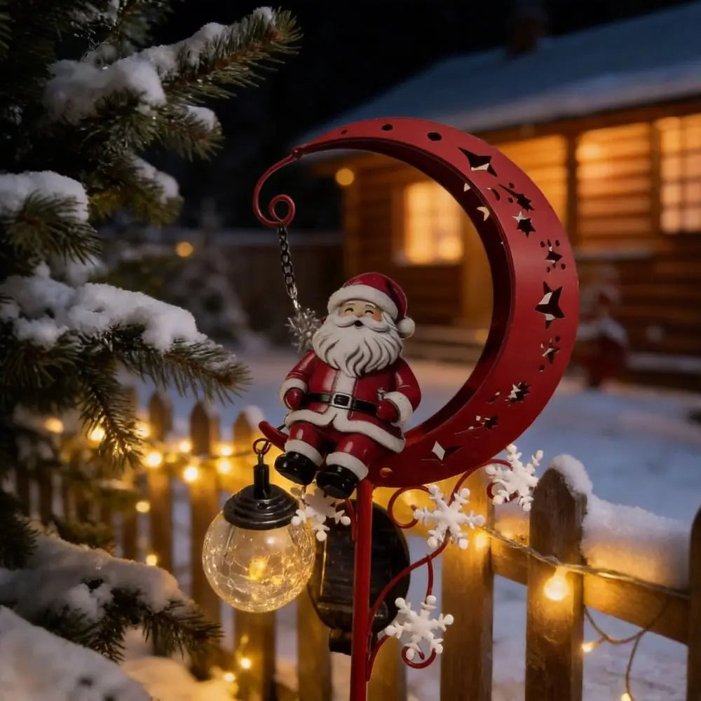 Solar Christmas Moon Stake Light with Santa, 31.5 in Red Crescent Yard Stake with Hanging Crackle Glass Globe