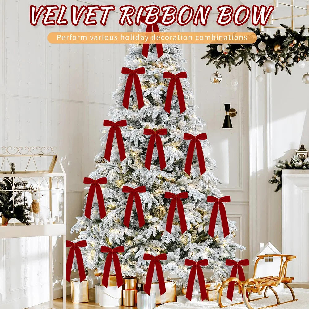 Red Velvet Christmas Tree Bows, 12 Pack, 4.7 in Bow Ornaments with Tie-On Straps