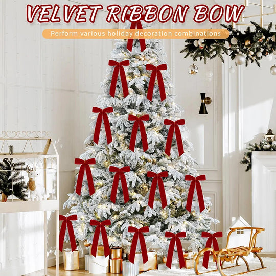Red Velvet Christmas Tree Bows, 12 Pack, 4.7 in Bow Ornaments with Tie-On Straps