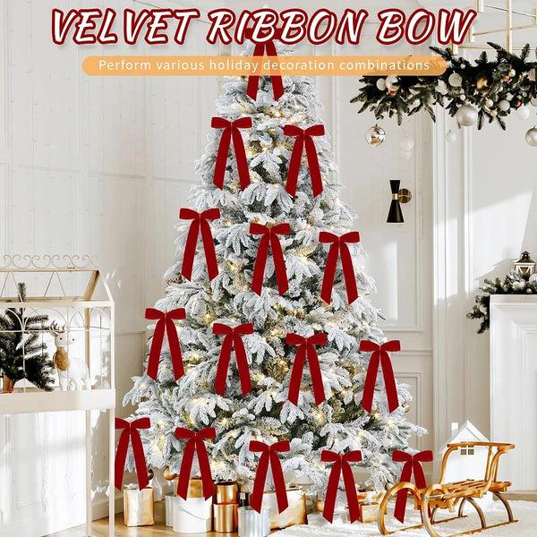 Red Velvet Christmas Tree Bows, 12 Pack, 4.7 in Bow Ornaments with Tie-On Straps