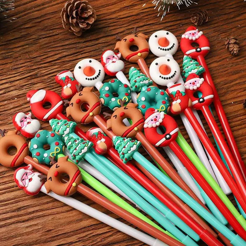 Christmas Cartoon Gel Pens, Set of 5 - Santa, Snowman & Reindeer Toppers, Kids Holiday Party Favors