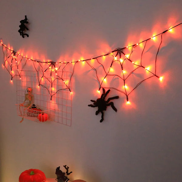 Orange Spider Web LED String Lighting with 3 Spiders, Halloween Haunted House Decor, 180cm
