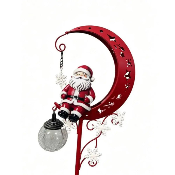 Solar Christmas Moon Stake Light with Santa, 31.5 in Red Crescent Yard Stake with Hanging Crackle Glass Globe