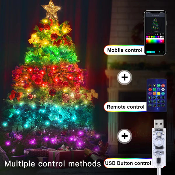 Smart Christmas Tree String Lights with App and Remote Control, USB, 33 ft Color-Changing