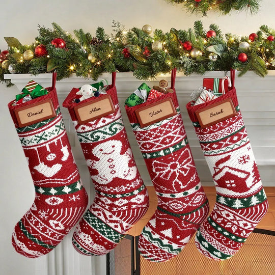 Knit Christmas Stockings, 4 Pack, 18 in with Name Patches, Red, White and Green